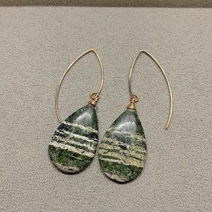 Natural Raw dark green opal 14kt gold setting earrings with healing properties.